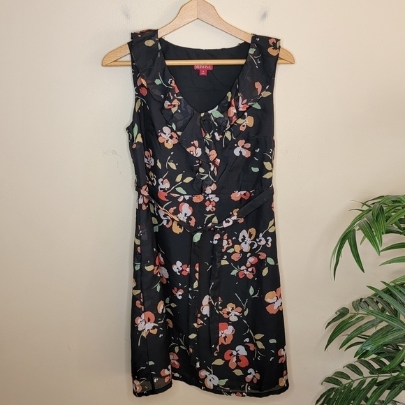 Merona | Black Orange Yellow Cream Floral Ruffle Neckline Dress Size 6 - Picture 2 of 7